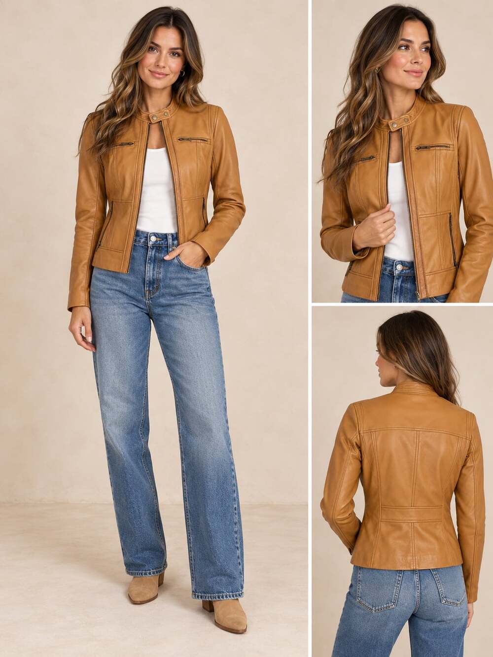 MICHAEL Michael Kors 100% Genuine Leather Moto Jacket Size Medium Cognac Tan